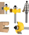 Solid Workhorse 1/4 Inch Shank Rabbet Router Bit Kit With Six Swappable Bearings And Razor Sharp Carbide Edge, showing various angles and details.