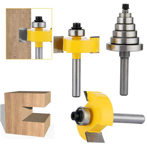 Solid Workhorse 1/4 Inch Shank Rabbet Router Bit Kit With Six Swappable Bearings And Razor Sharp Carbide Edge, showing various angles and details.