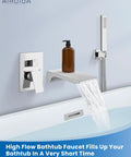 Wall Mount Tub Faucet With Waterfall Spout And Handheld Shower, Chrome Polish Finish, water flowing into bathtub