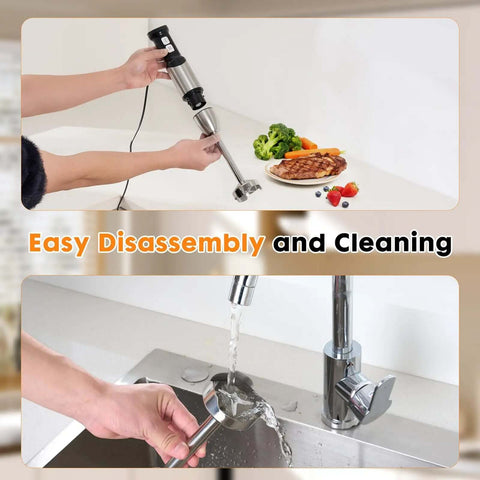 Heavy Duty Handheld Immersion Blender 6 In 1 Electric Mixer being disassembled for easy cleaning in a kitchen sink.