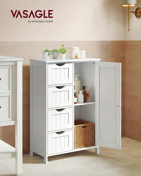 No Fuss Freestanding Storage Cabinet With Drawers And Door, 4 Drawer Organizer with Adjustable Shelf in Bathroom, Cloud White