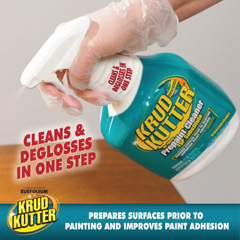 No Rinse Prepaint Cleaner And TSP Substitute Spray For Surfaces 32 Oz Delivers Deep Clean And Etching For Killer Adhesion, Removes Grease Smoke Mildew And Dirt, Water Based Non Toxic Biodegradable Non Flammable, Paintable After Ten Minutes bottle held by gloved hand