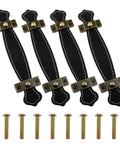 Black Leather Handle Set For Luggage And Home Storage Durable Handheld Trunk Handles Replacement For Closets Cabinets And Dressers Easy To Install 4 Pack Kit Built To Last Great For Travel And Everyday Home Organization; four black leather handles with screws.