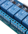 8 Channel 5V Relay Module For Arduino And Raspberry Pi With Low Power Draw, High Current 10A Rating, Easy Plug And Play Interface For Home Automation And Projects, Broad Microcontroller Compatibility, blue relay board close-up