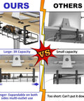 Comparison of under desk cable management trays; left: Under Desk Cable Management Tray 31.5 Inch No Drill Heavy Duty Steel Wire Organizer Clamp Mount Adjustable Metal Tray Black 2 Pack For Home Office Desk Cable Cleanup with 3X capacity, right: smaller tray.