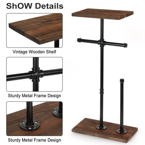 Freestanding Toilet Paper Holder With Shelf And Storage, Heavy Duty Industrial Style Bathroom Organizer, metal frame, wood shelf