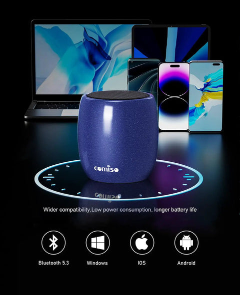 Navy blue Tiny But Mighty Bluetooth Speaker With 360 Degree HD Stereo Sound And Punchy Bass, surrounded by devices