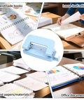 Two-Hole Paper Puncher With Adjustable Guide and Labor-Saving Handle, Heavy-Duty 5-Sheet Capacity Office Punch, Blue, used for documents and books