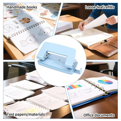 Two-Hole Paper Puncher With Adjustable Guide and Labor-Saving Handle, Heavy-Duty 5-Sheet Capacity Office Punch, Blue, used for documents and books