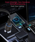 Badass High Speed Type C Car Charger Delivering Slick Dual Port Functionality That Cranks Out A Mean 63W Turbo Charge Via PD 3.0 PPS Quick Adapter For Keeping Devices Fully Juiced On The Road in car console.
