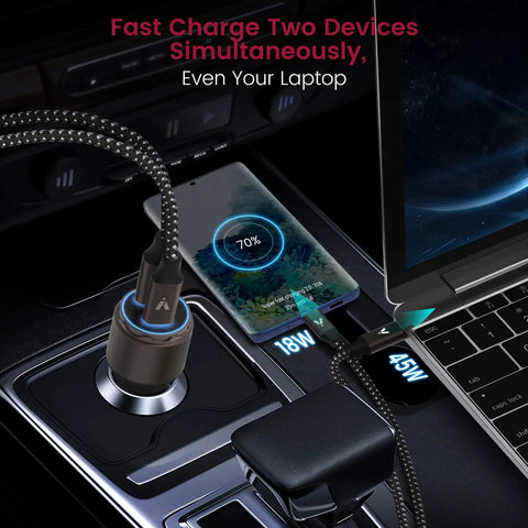 Badass High Speed Type C Car Charger Delivering Slick Dual Port Functionality That Cranks Out A Mean 63W Turbo Charge Via PD 3.0 PPS Quick Adapter For Keeping Devices Fully Juiced On The Road in car console.