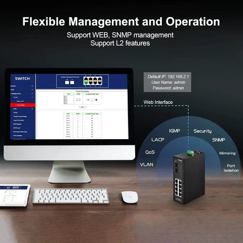 Computer interface showing 8-Port PoE Gigabit Industrial DIN Rail Switch with 2 SFP Ports, Managed, displaying web managed features.