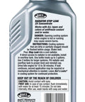 Back view of Radiator Stop Leak 2X Concentrate 6 Oz Fast Acting Auto Coolant Sealant bottle with instructions and warnings.