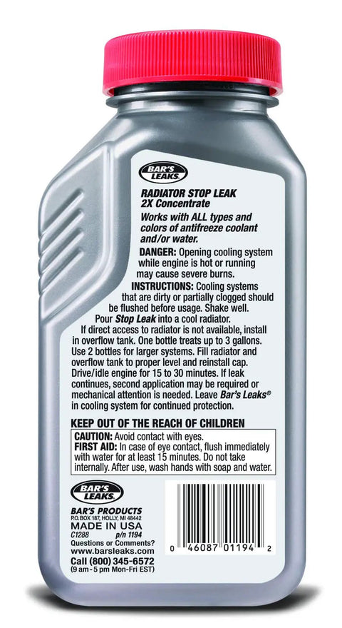 Back view of Radiator Stop Leak 2X Concentrate 6 Oz Fast Acting Auto Coolant Sealant bottle with instructions and warnings.