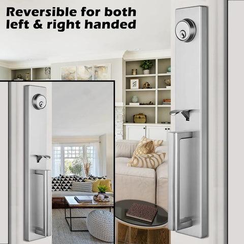Double Door Handle Set For Your Front Door With Brushed Nickel Finish, Keyed Entry And Dummy Handles, Adjustable Backset