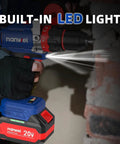 Straight Fire Brushless Hammer Drill Compatible With Makita 18V Battery Packing 1100 In Lbs Torque, showing LED light in use.