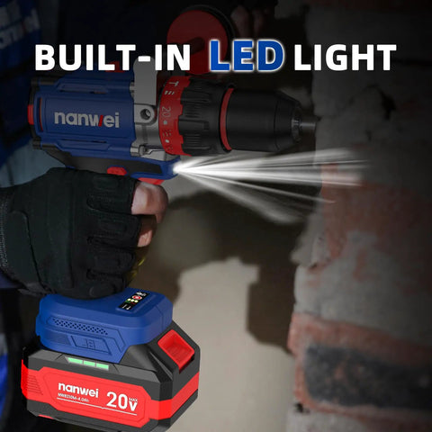 Straight Fire Brushless Hammer Drill Compatible With Makita 18V Battery Packing 1100 In Lbs Torque, showing LED light in use.