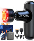 Q2 Ultra Mini Massage Gun With Red Light Infrared Heat Head Pocket Sized Percussion Massager with accessories and box.