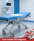 Set Of 4 Premium Heavy Duty Workbench Casters 5 Inch Swivel Plate Wheels 4000 Lbs Total Weight Capacity Dual Ball Bearings With Positive Locking Brakes Handles Rough Jobs Like A Pro For Garage And Shop Projects on a hospital bed with blue sheets.