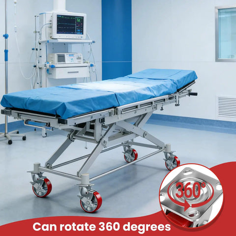 Set Of 4 Premium Heavy Duty Workbench Casters 5 Inch Swivel Plate Wheels 4000 Lbs Total Weight Capacity Dual Ball Bearings With Positive Locking Brakes Handles Rough Jobs Like A Pro For Garage And Shop Projects on a hospital bed with blue sheets.