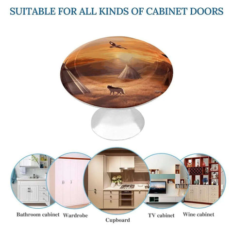 Native American Tribes Style Cabinet Knobs 2 Pack Stainless Steel Drawer Pulls with scenic wolf and teepee design