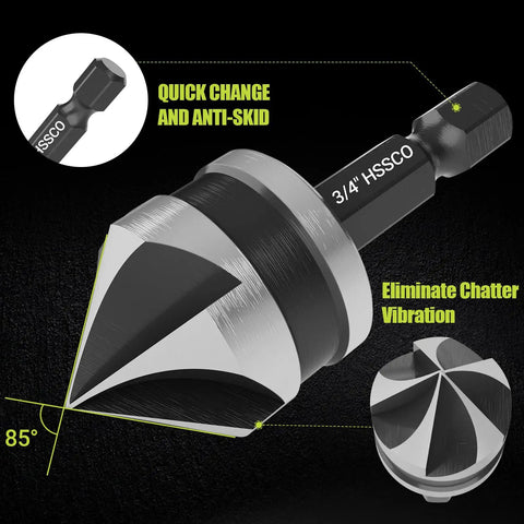 All In One Step Drill Bit Set With Countersinks For Metal Aluminum Wood Plastic showing close-up of quick change hex shank