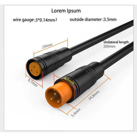 3 Pin Male And Female Waterproof Ebike Extension Cable Connector Kit With 20Cm 26AWG Wire IP66 Rated, showing close-up of 9.7mm connectors.