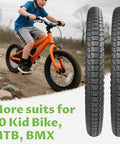 Child on orange bike with 2 Pack 20 Inch Bike Tires Set With 20x2.1 And 20x2.0 Inner Tube Options for BMX and MTB, outdoors.