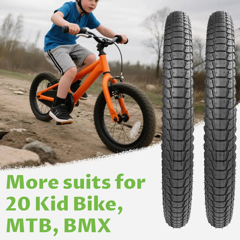 Child on orange bike with 2 Pack 20 Inch Bike Tires Set With 20x2.1 And 20x2.0 Inner Tube Options for BMX and MTB, outdoors.