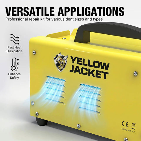 Auto Body Spot Welder Dent Puller 3000W with yellow casing, branding, and heat dissipation feature for versatile applications.