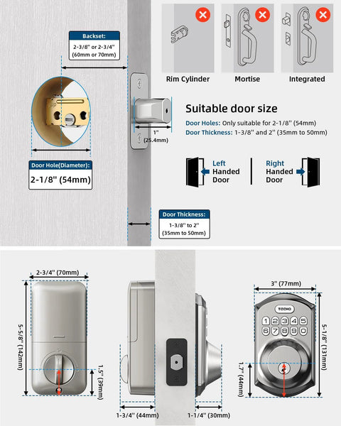 Diagram showing dimensions and installation for Keyless Entry Door Lock With Keypad And Auto Lock, Smart Deadbolt for Front Door