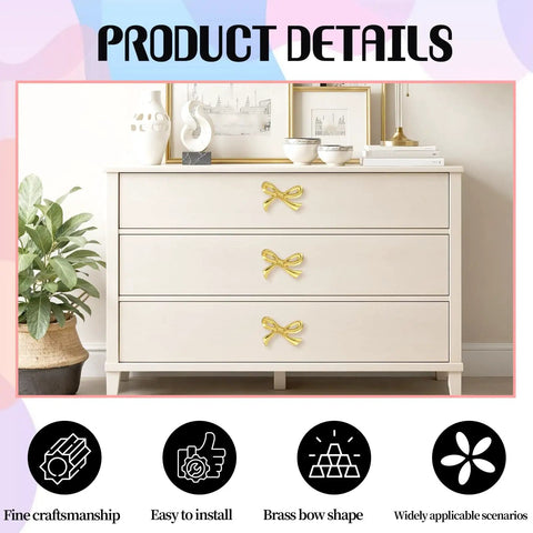 Six Pcs Gold Bow Knobs Set With Screws, Vintage Brass Drawer Handles For Cabinets And Dressers, Cupboards, Antique Gold Finish