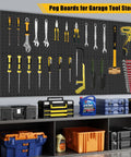 Heavy Duty Metal Pegboard Panels 10 Pack For Garage And Garden Tool Storage 16x12 Inch Steel Pegboard With Included Drywall Anchors And Screws Black Finish Supports Up To 1000 Lbs Total shown with tools organized