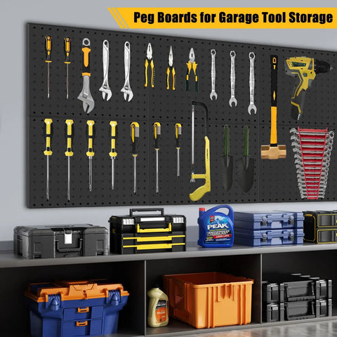 Heavy Duty Metal Pegboard Panels 10 Pack For Garage And Garden Tool Storage 16x12 Inch Steel Pegboard With Included Drywall Anchors And Screws Black Finish Supports Up To 1000 Lbs Total shown with tools organized