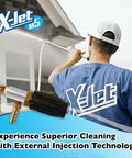 Man uses M5 13 Variable Pressure Wash Kit With Adjustable Long Range External Injection Nozzle for cleaning high surfaces.
