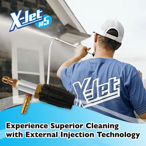 Man uses M5 13 Variable Pressure Wash Kit With Adjustable Long Range External Injection Nozzle for cleaning high surfaces.