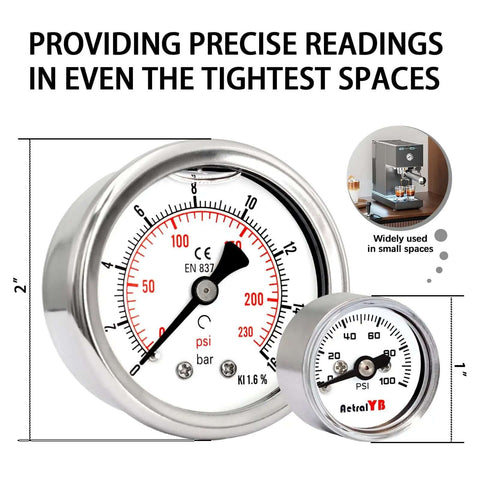 Compact One Inch Pressure Gauge Zero To One Hundred Psi For Coffee Machines Water Pumps And Air Compressors Stainless Steel Case