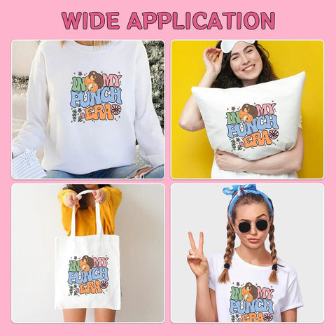 Various applications of Six Pack DTF Transfers For T Shirts Ready To Press Heat Transfer Stickers 7x7 on clothing and accessories