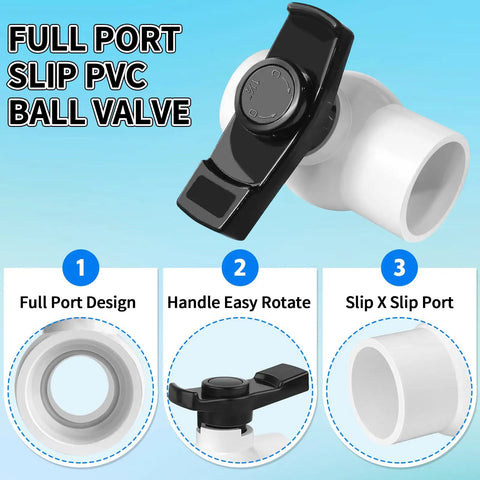 2 Inch Slip PVC Ball Valve Set With Double Socket Full Flow Port, Two-Pack 2'' Shut Off Valves With T-Handle features