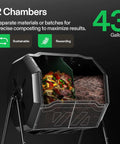 Outdoor Tumbling Composter Dual Rotating Batch Bin 43 Gallon Capacity With Two Chamber Setup For Continuous, Efficient Home Composting Easy Turn Design Odor Control Black Door showing open chambers.