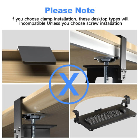 Installation instructions for under desk keyboard tray with heavy duty C-clamp showing incompatible desktop settings.