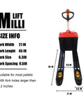 Front view of Millilift electric pallet jack with red body and black forks; 3300 lb capacity, 21 in fork width
