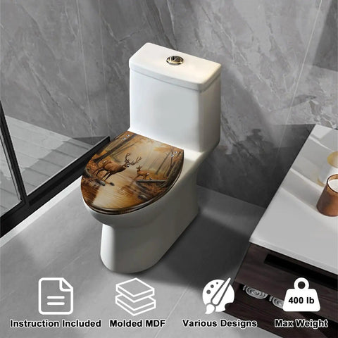 Toilet Seat Slow Close for Bathroom Replacement with deer print design, molded MDF, max weight 400 lbs, modern bathroom setting.
