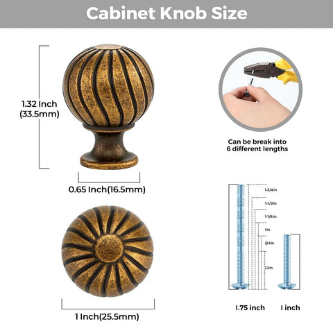 Antique Brass Cabinet Knobs Set, 12 Pack, 1 Inch Round Dresser Drawer Knobs With Raised Fluted Groove, size details shown