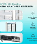 Shop Grade 49 Cubic Foot Double Glass Door Commercial Merchandiser Freezer In Clean White with organized shelves and bottom compressor.