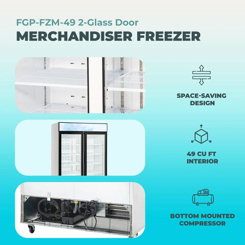 Shop Grade 49 Cubic Foot Double Glass Door Commercial Merchandiser Freezer In Clean White with organized shelves and bottom compressor.
