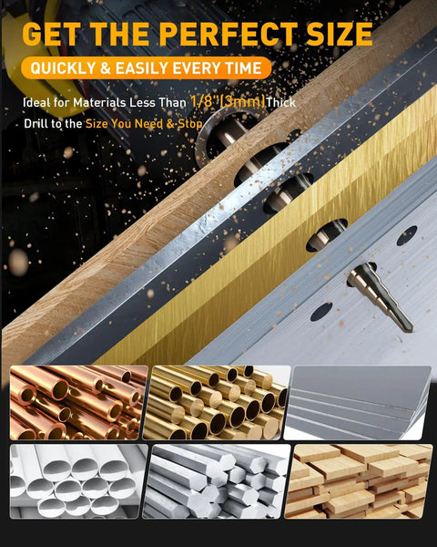Built Different High Speed Steel Unibit Step Drill Bit Set Boasts Advanced Titanium Coating for quick drilling.