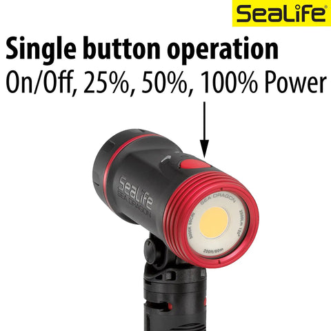 Underwater Photo And Video Light Beast 2500 Lumen COB LED With 120 Degree Wide Beam showcasing single button operation.