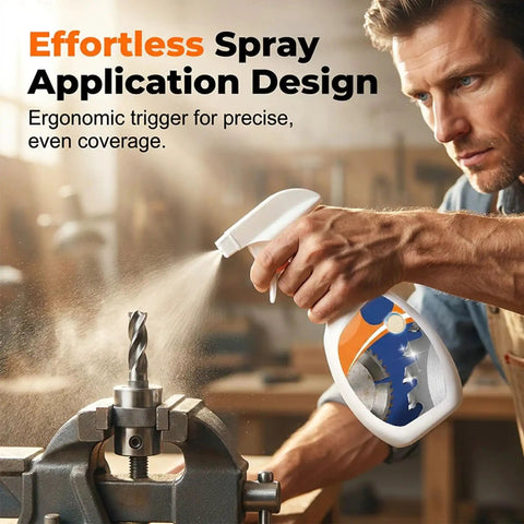 Heavy Duty Saw Blade Cleaner Spray For Quick Resin And Pitch Cleanup, ergonomic spray bottle in use for precise application.