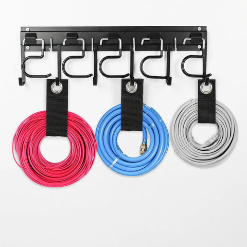 Heavy Duty Metal Garage Tool Organizer Wall Mount Kit Four Pack With Extension Cord Straps holding cables